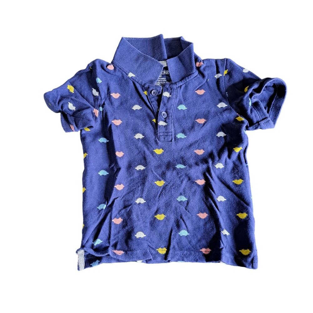 Okie Dokie Boys Polo Shirt 3T Navy With Colorful Fish Pattern 100% Cotton